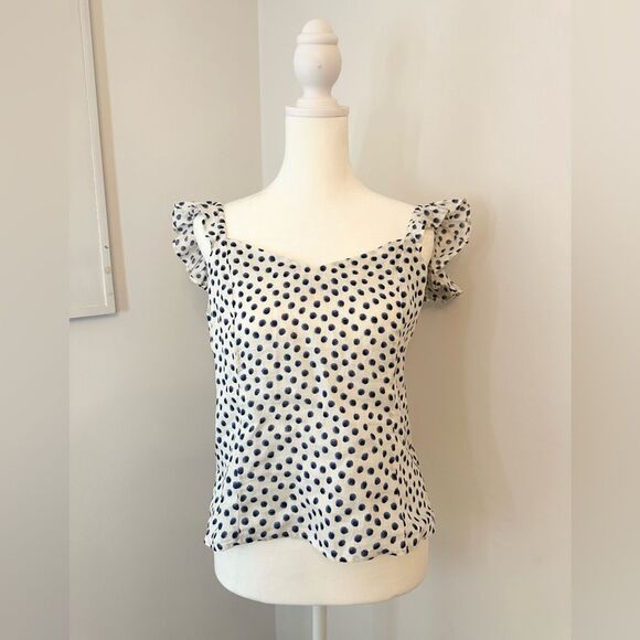 H&M 100% linen perfect summer top.  Cream and modern blue dot print.Size medium. - Picture 1 of 7